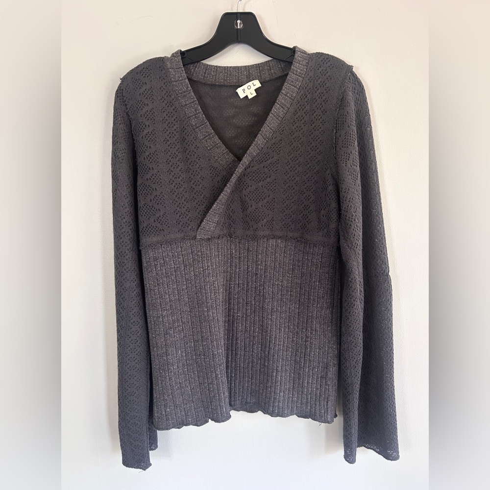 POL Babydoll Mixed Media Pointelle Knit Gray V-Neck Sweater Indie Boho Y2K Sz L - Picture 3 of 12